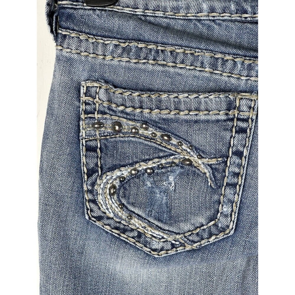 Silver Jeans Women’s 27/33 Tuesday Bootcut Flare Low-Rise Distressed Blue Denim - Picture 13 of 16